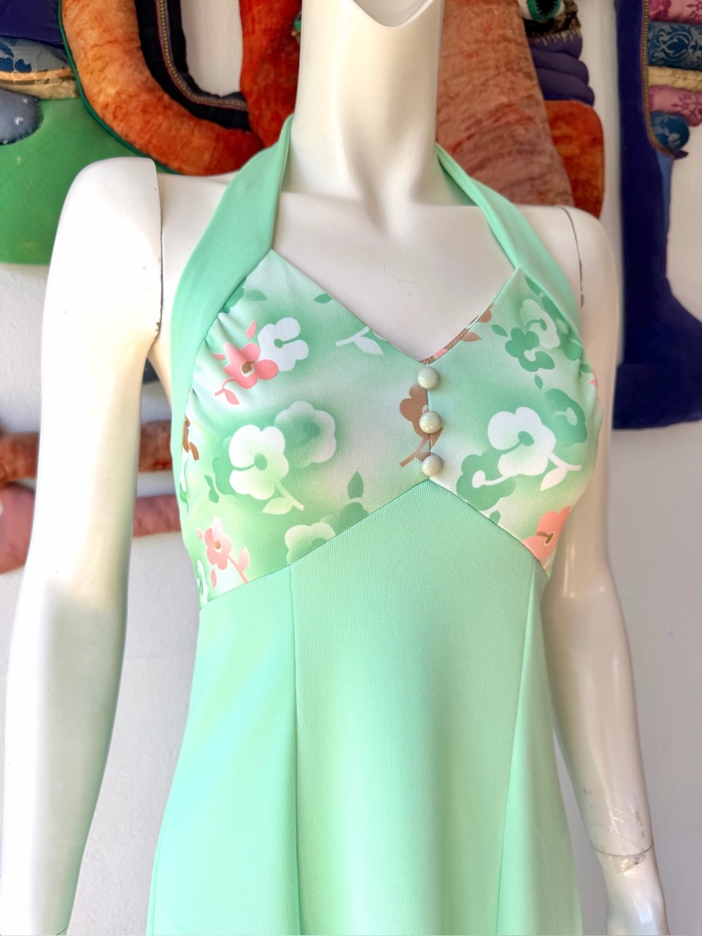 Vintage 1970s HALTER DRESS Mint Green Floral Crop Jacket Ruffles 70s Formal Prom